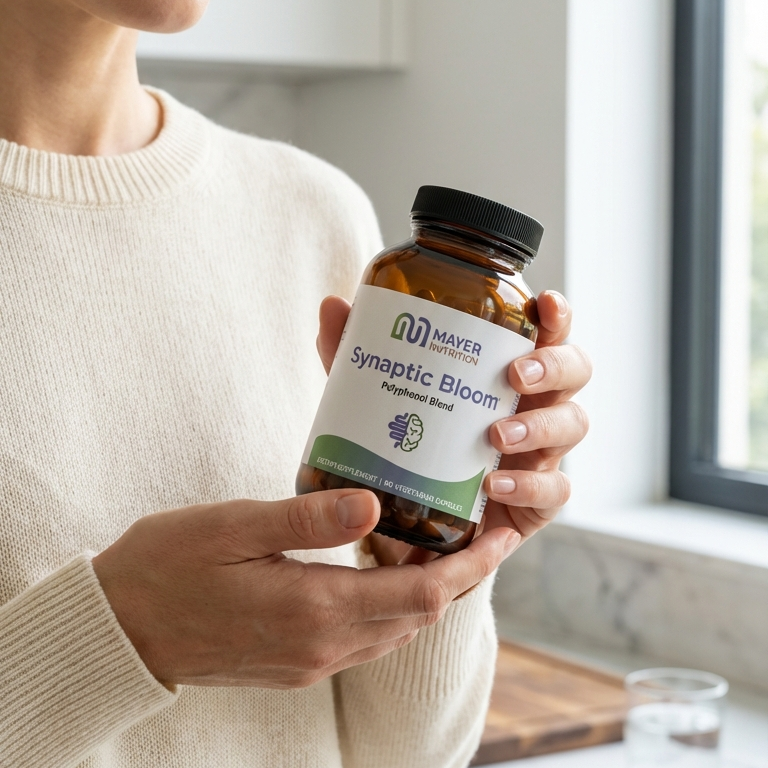 Woman holding a bottle of Synaptic Bloom supplement in a kitchen setting