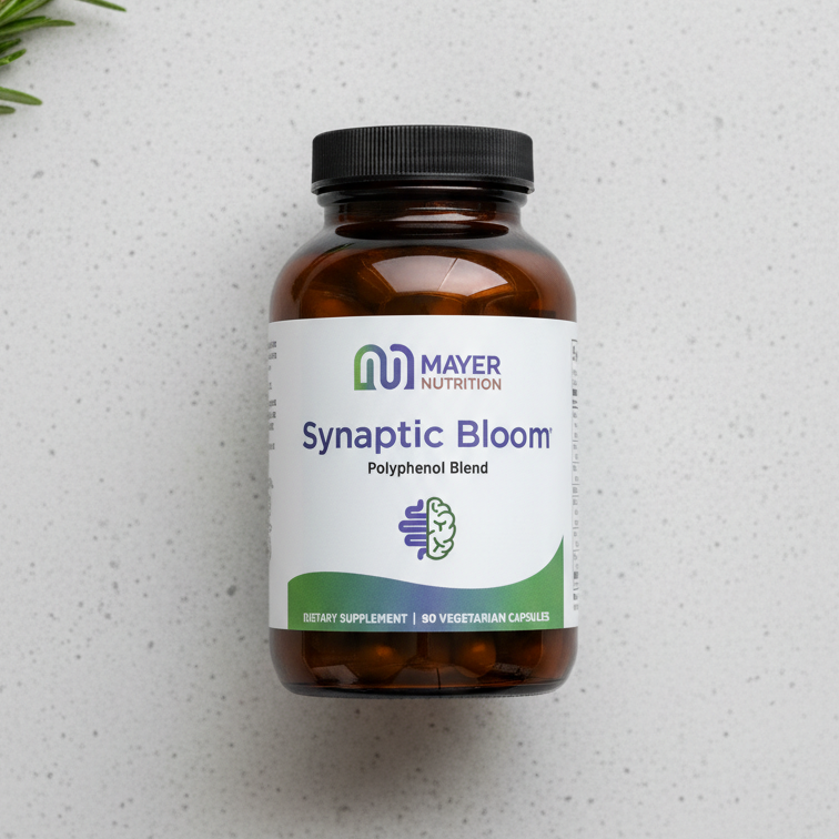 Vitamin supplement bottle labeled 'Synaptic Bloom' on a light gray background