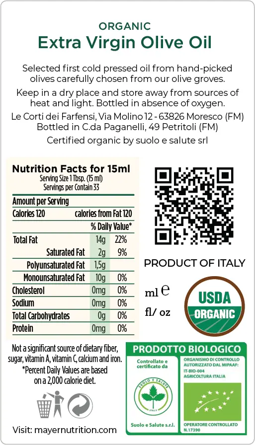 Organic Extra Virgin Olive Oil back label