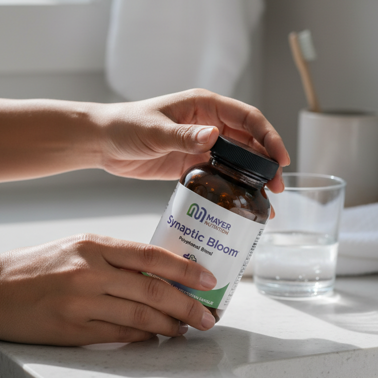 Person holding a bottle labeled 'Dynamic Bloom' on a bathroom counter.